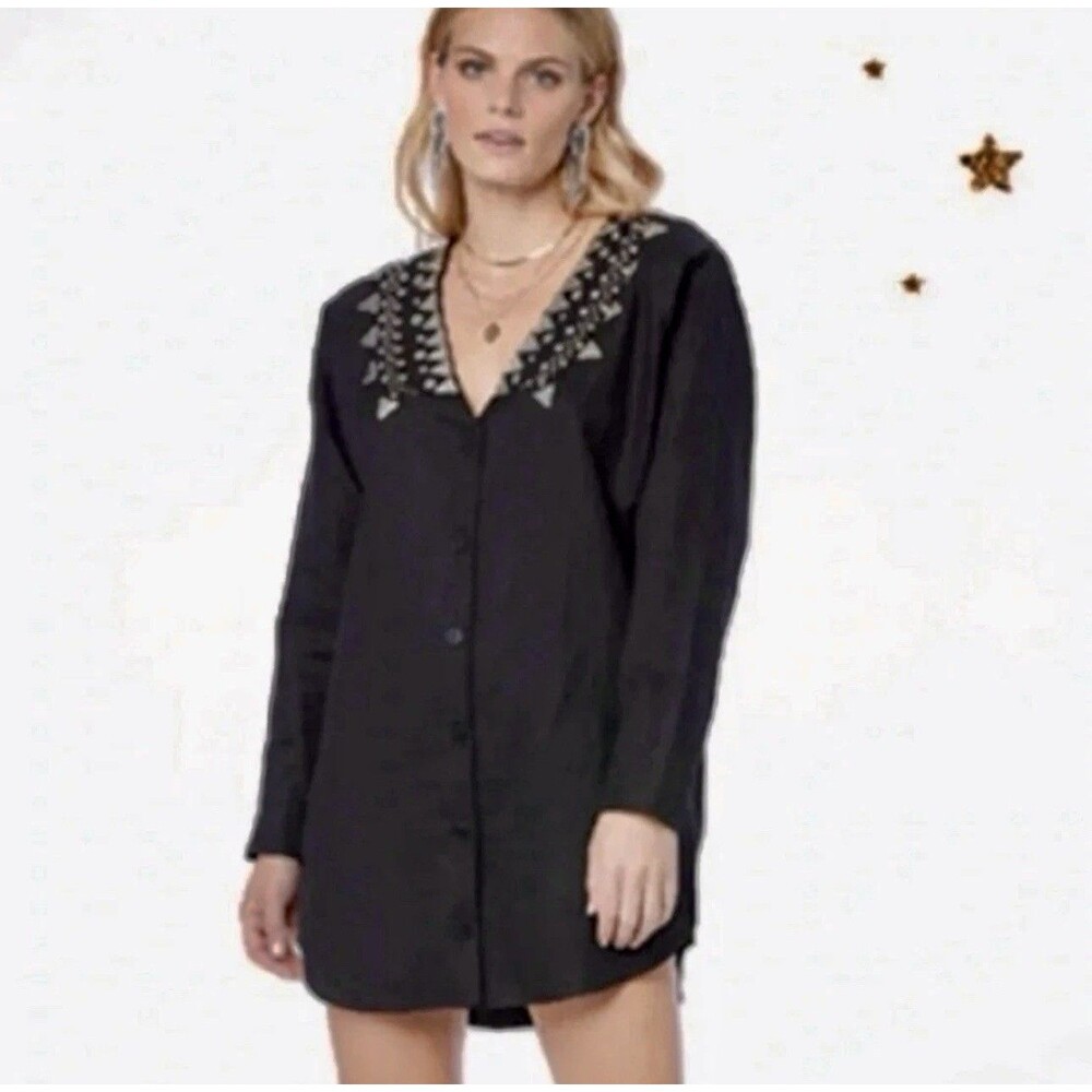 Saltwater Luxe Black Linen Blend Western Embellished Button Up Mini Dress Small